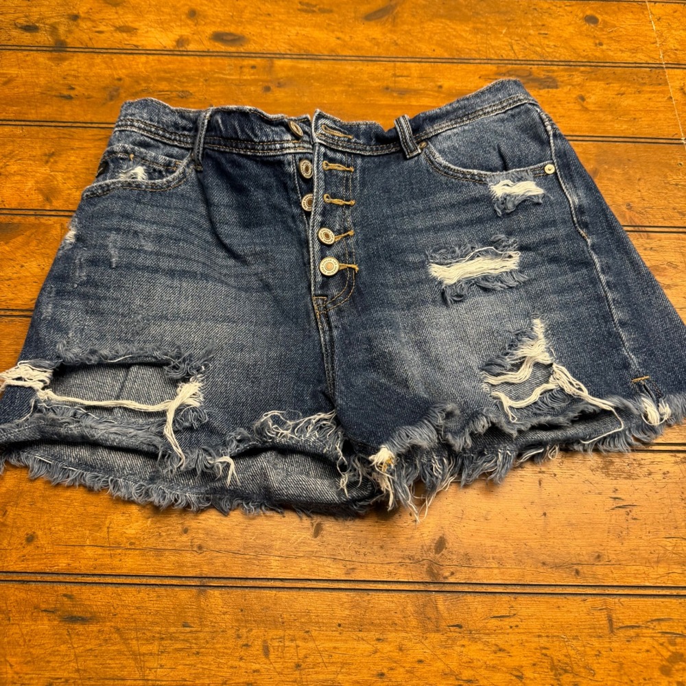 KanCan Distressed Denim Shorts Women Size 29 Button Fly Ripped Frayed Hem - Picture 1 of 7